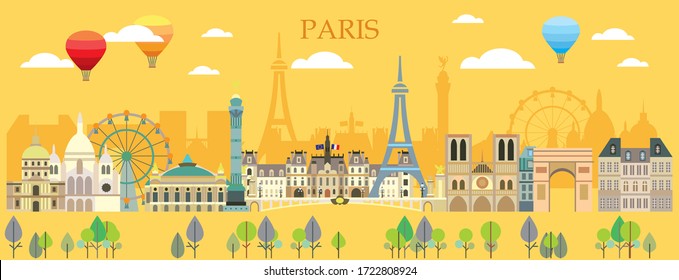 Paris skyline travel illustration. Colorful summer design with isolated Paris landmarks, french tourism and journey vector background for print, t-shirt, souvenirs. Worldwide traveling concept. 