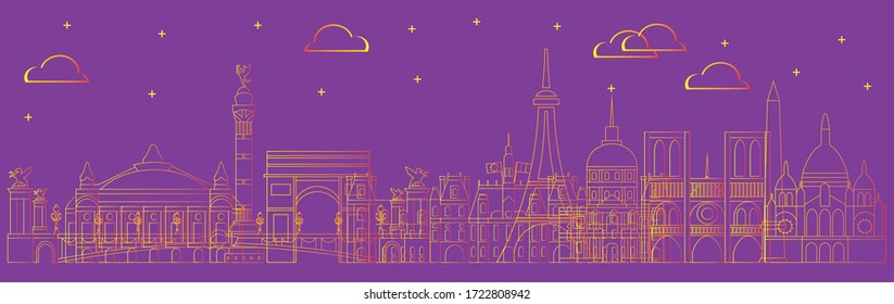 Paris skyline travel illustration in line art style. Colorful summer design with isolated Paris landmarks, french tourism and journey vector background for print, t-shirt, souvenirs. 