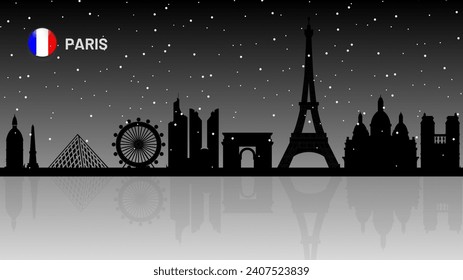Paris skyline, Paris Urban cityscape, Paris skyscraper buildings beautiful snow falling vector silhouette. vector illustrator
