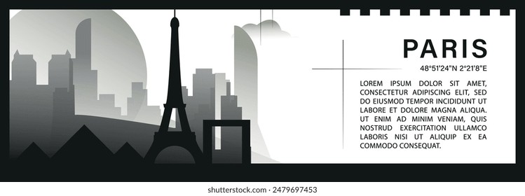 Paris skyline vector banner, black and white minimalistic cityscape silhouette. France capital city horizontal graphic, travel infographic, monochrome layout for website