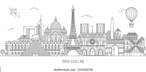 Paris skyline vector illustration with black thin line style on white background