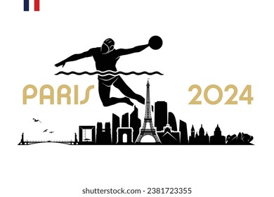 Paris skyline with watar polo player - France 2024 - isolated vector illustration