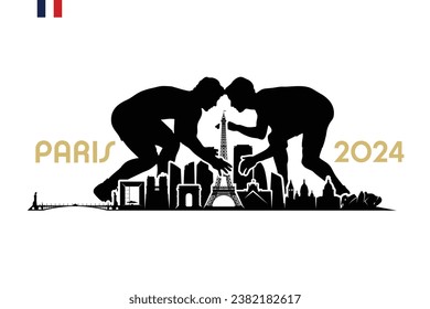 Pariser Skyline mit Wrestlern - Frankreich 2024 - einzelne Vektorgrafik