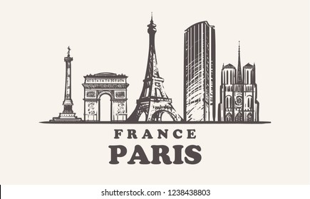 Paris skyline,France vintage vector illustration, hand drawn buildings of Paris on white background.