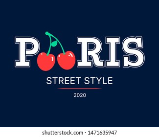 Paris slogan and cherry print design vector.