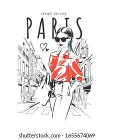 Paris Slogan With Fashion Girl Hand Sketch On City Background Illustration