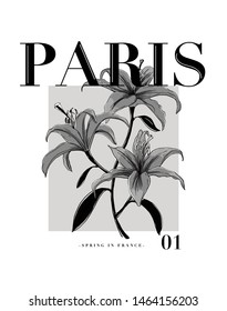 PARIS slogan with flower illustration. For t-shirt print and graphic design elements.