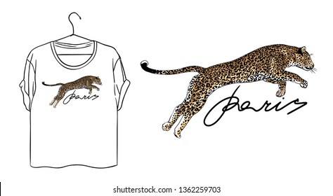 Paris slogan. Leopard. Typography graphic print, fashion drawing for t-shirts