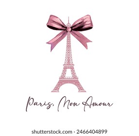 Paris slogan with pink Eiffel Tower and cute ribbon illustration, vector for fashion, card, poster, wall art designs