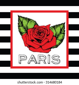 Paris slogan with red rose. For t-shirt or other uses, in vector.