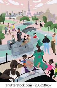 Paris in spring season - vector illustration in naive style. Best for postcards, posters and other graphic products