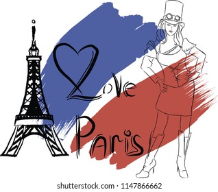 Paris steampunk love heart isolated, girl t-shirt print or painting poster vector illustration