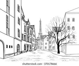 Paris street. Cityscape - houses, buildings and tree on alleyway with Eiffel tower on background. Old city view. Medieval european city landscape. Pencil drawn vector sketch