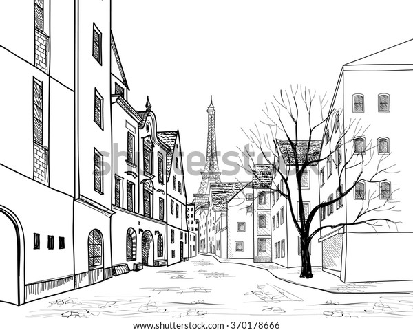 パリ通り 町並み アレイウェイに家 建物 木 背景にエッフェルタワー 古い都市のビュー 中世のヨーロッパ の都市の風景 鉛筆で描いたベクトルスケッチ のベクター画像素材 ロイヤリティフリー