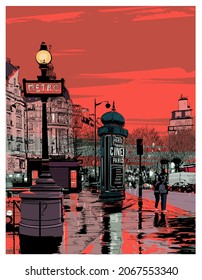 Calle de París al atardecer después de la lluvia - ilustración vectorial