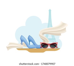 Paris Street View with Eiffel Tower and Clothing Items Vector Illustration