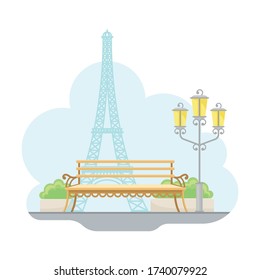 Paris Street View with Eiffel Tower and Bench Vector Illustration