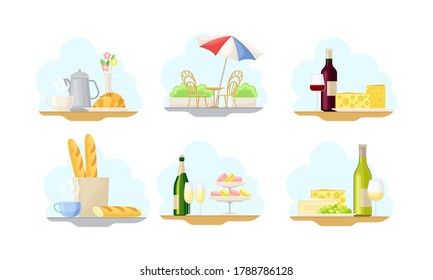 Paris Street Views with Macaron and Baguette Vector Illustrations Set