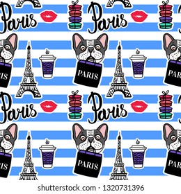 Paris style. A dog is holding a shopping bag seamless pattern. Striped blue and white background. Vector hand drawn.