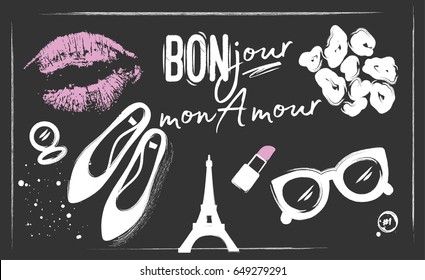 Paris style - lipstick, shoes, mirror, sunglasses, leopard print, Eiffel tower. Black background