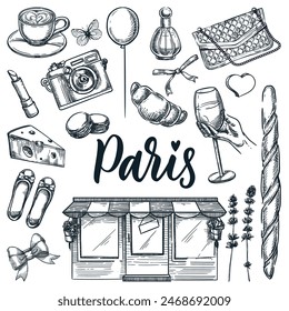 Paris-Symbole und Design-Elemente isoliert auf weißem Hintergrund. Vektorgrafik handgezeichnete Skizzenabbildungen und Kalligraphie-Schriftzug. Französische Mode und Essen Doodle Icons Set