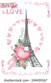 Paris symbols Eiffel tower in love.Wedding invitation,card.Pink watercolor roses group,hearts,swirls border,ribbon in card.Hand drawn doodle sketchy,painting.Vintage floral Vector illustration