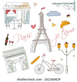 Paris symbols, postcard, hand drawn, vector illustration