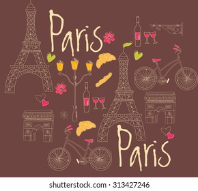 Paris symbols, postcard, hand drawn, vector illustration