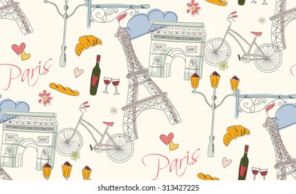 Paris symbols, postcard, seamless pattern, hand drawn, vector illustration