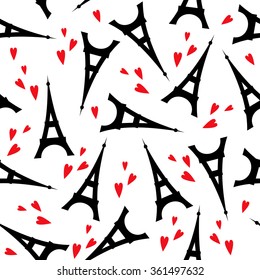 Paris symbols seamless pattern. Cute cartoon tour Eiffel with red hearts vector illustration. Romantic travel in Paris. 