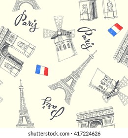 Paris symbols. seamless pattern with hand drawn objects. set of graphic illustrations