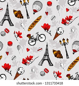 Paris symbols seamless pattern. Romantic travel in Paris. Magnolia blossom, eiffel tower, bicycle, balloons.