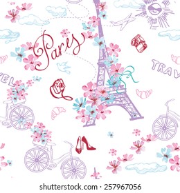 Paris symbols seamless pattern. Romantic travel in Paris. Vector illustrations.