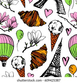 Paris symbols seamless pattern. Romantic travel in Paris. French pastries, baguette, croissant, ice cream. Magnilia blossom.