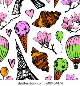 Paris symbols seamless pattern. Romantic travel in Paris. French pastries, baguette, croissant, ice cream. Magnilia blossom.