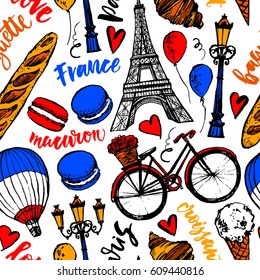 Paris symbols seamless pattern. Romantic travel in Paris. French pastries, baguette, croissant, ice cream, macarons.