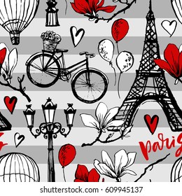 Paris symbols seamless pattern. Romantic travel in Paris. Magnolia blossom. Eiffel tower.