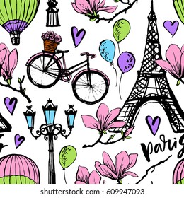 Paris symbols seamless pattern. Romantic travel in Paris. Magnolia blossom. Eiffel tower.