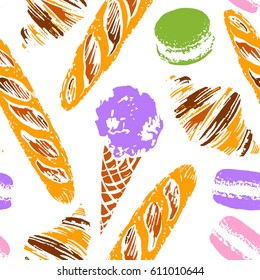 Paris symbols seamless pattern. Romantic travel in Paris. French pastries, baguette, croissant, ice cream, macarons.
