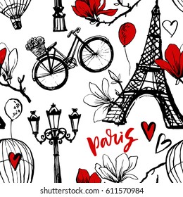 Paris symbols seamless pattern. Romantic travel in Paris. Magnolia blossom, eiffel tower, bicycle, balloons.