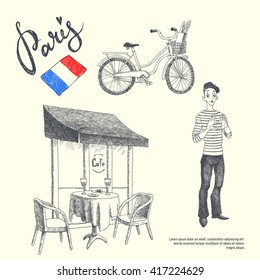 Paris symbols. set of graphic illustrations.  hand drawn isolated objects