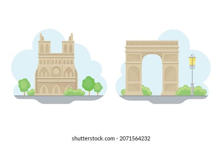 Paris symbols set. Triumphal arch, Notre Dame cathedral France signs vector illustration