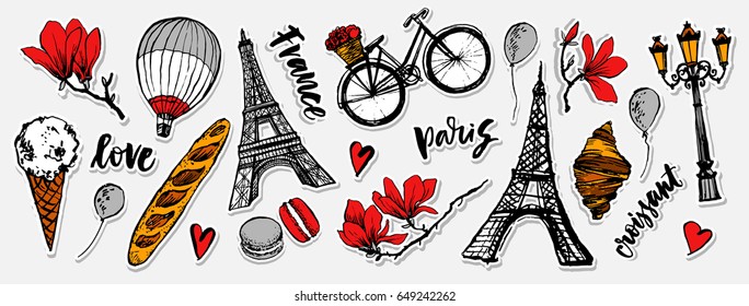 Paris symbols stickers set. Romantic travel in Paris. Baguette, croissant, ice cream, macarons. Magnolia blossom. Embroidery design. Tourism souvenir. Eiffel Tower.