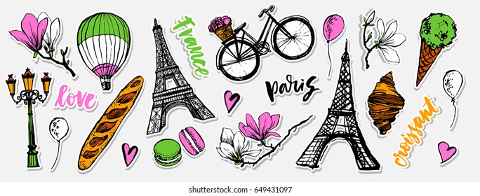 Paris symbols stickers set. Romantic travel in Paris. Baguette, croissant, ice cream, macarons. Magnolia blossom. Embroidery design. Tourism souvenir. Eiffel Tower.