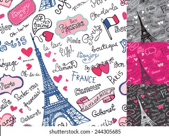 Paris symbols,lettering,emblems in seamless pattern,background set.Hand drawn doodle sketchy.French words good travel,Speak French,hello,life is beautiful,Eiffel tower,love,i love you.Colored Vector