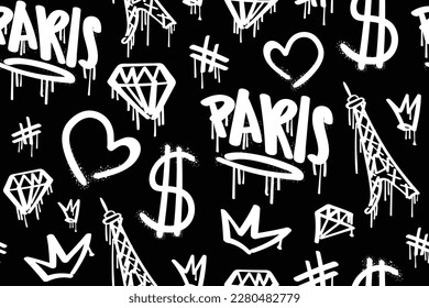 Paris text, Eiffel Tower drawing. Graffiti style elements. Seamless pattern repeating texture background. Vector illustration design.