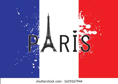 paris text and flag background sign. red and blue with white splash texture and eiffel tower.
