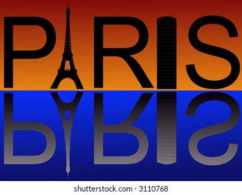 Paris text including Eiffel tower and montparnasse tower reflected at sunset
