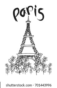  Paris text with tower eiffel and flowers.