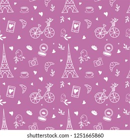 Paris Theme Elements Pattern on dark orchid background. Handrawing illustration. Seamless Vector Image 